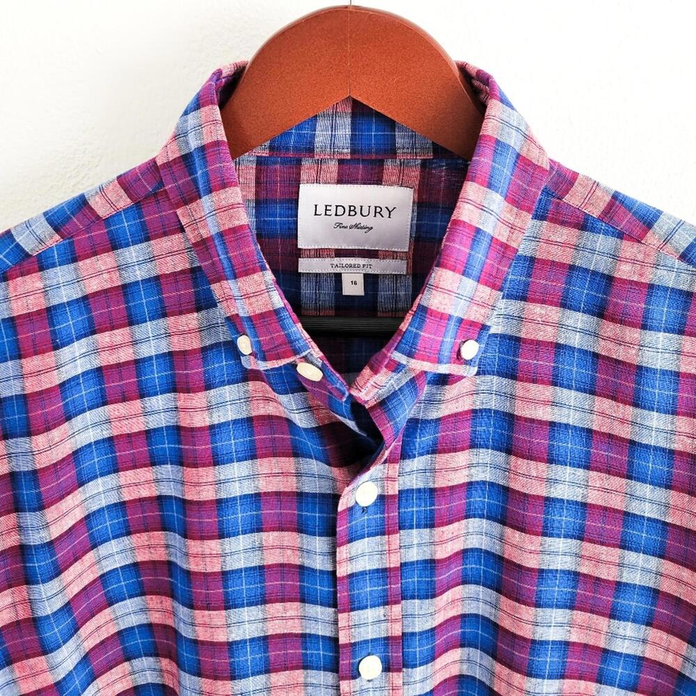 NEW Ledbury Linen Cotton Button Down Shirt Tailored Fit Mens 16 Blue Purple - Picture 8 of 9
